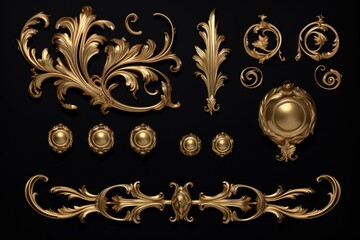 Elegant golden ornaments against a black backdrop. Ideal for luxury and festive concepts