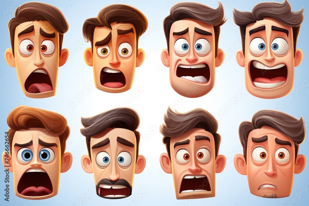Poster collection of various cartoon faces with different expressions, ideal for emoticons or character des
