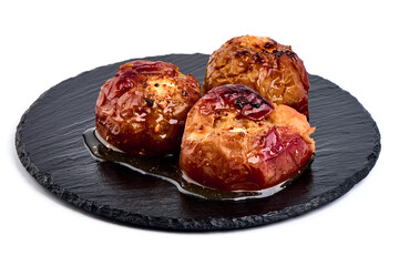 Fruit dessert baked red apples, isolated on white background