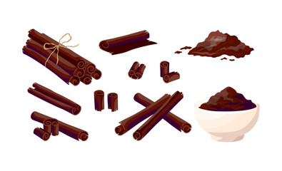 Cartoon Color Different Type Cinnamon Set Concept Flat Design Style. Vector illustration of Sticks and Powder Cinnamon Spice