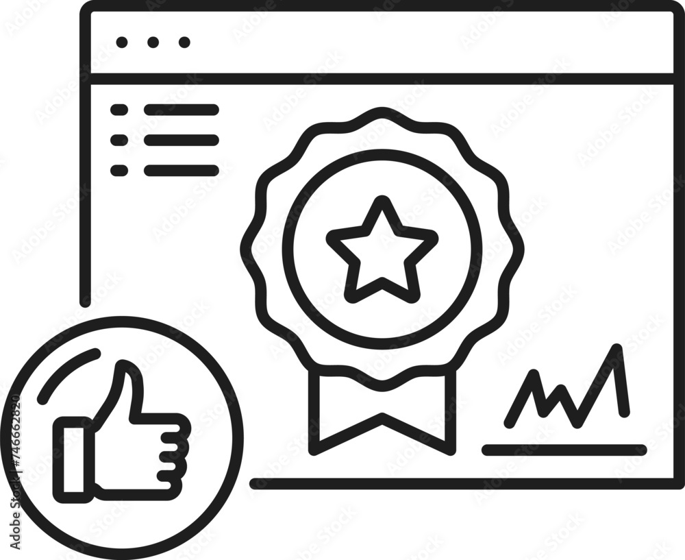 Poster approved icon for web audit of digital media analytics on website, vector outline pictogram. online 