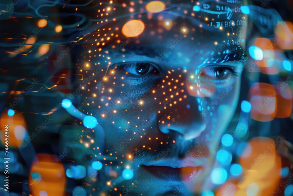 Poster close up of a person's face with lights in the background. perfect for use in technology or lifestyl