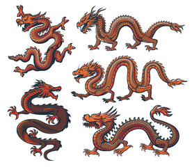 Fototapeta premium Asian dragon, China zodiac or Chinese and Japanese oriental culture monster, vector animal. Asian dragons for Chinese lunar new year festival and prosperity symbol or tattoo of oriental flaying dragon