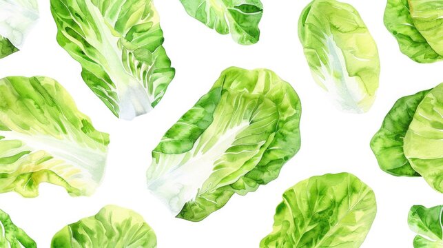 Fresh green lettuce leaves arranged in a pattern on a clean white background. Suitable for food and nutrition concepts
