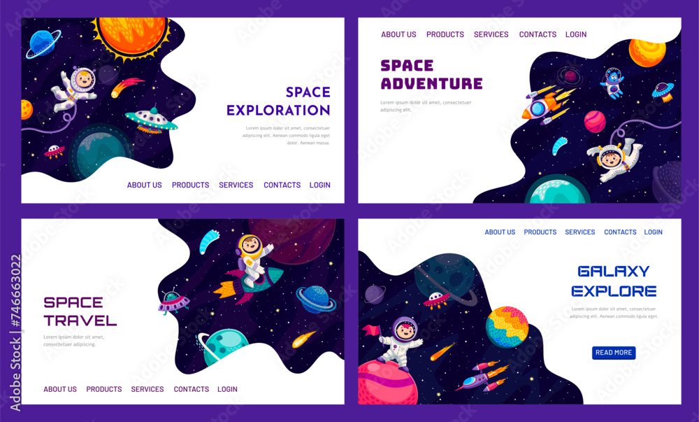 Aufkleber space galaxy landing pages with cartoon space planets, kid astronauts, aliens and spaceships, vector