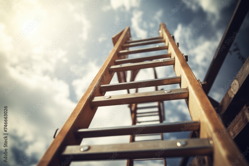 Poster a wooden ladder extending into the sky, suitable for concepts of growth and success