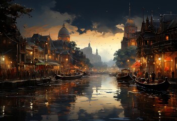 a scenic view shows a canal with people on boats and stores, in the style of the stars art, impressive panoramas, lively storytelling, regionalism, golden light, travel - obrazy, fototapety, plakaty