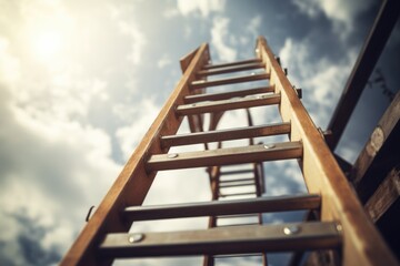 A wooden ladder extending into the sky, suitable for concepts of growth and success - obrazy, fototapety, plakaty