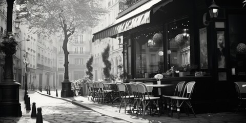 Urban street scene with outdoor seating. Suitable for restaurant or cafe concepts