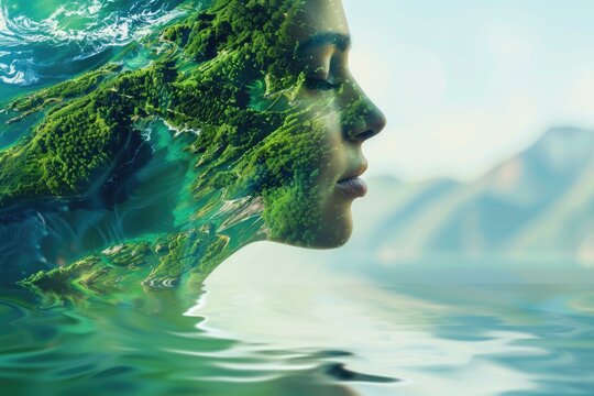A serene image of a woman's face reflected in the water, with a majestic mountain in the background. Suitable for nature and beauty concepts