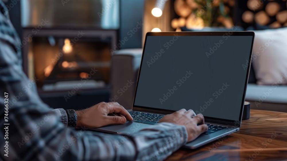 Poster a man sitting at a table using a laptop. suitable for technology and business concepts