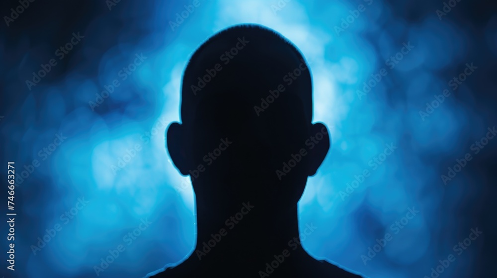 Poster Silhouette of a man standing in front of a blue light. Suitable for various design projects