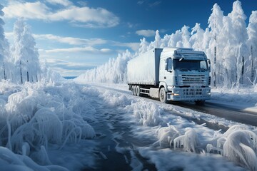 a semi truck driving on the frozen road, in the style of photo-realistic landscapes, high quality photo, commercial imagery, cabincore, light white and azure - obrazy, fototapety, plakaty