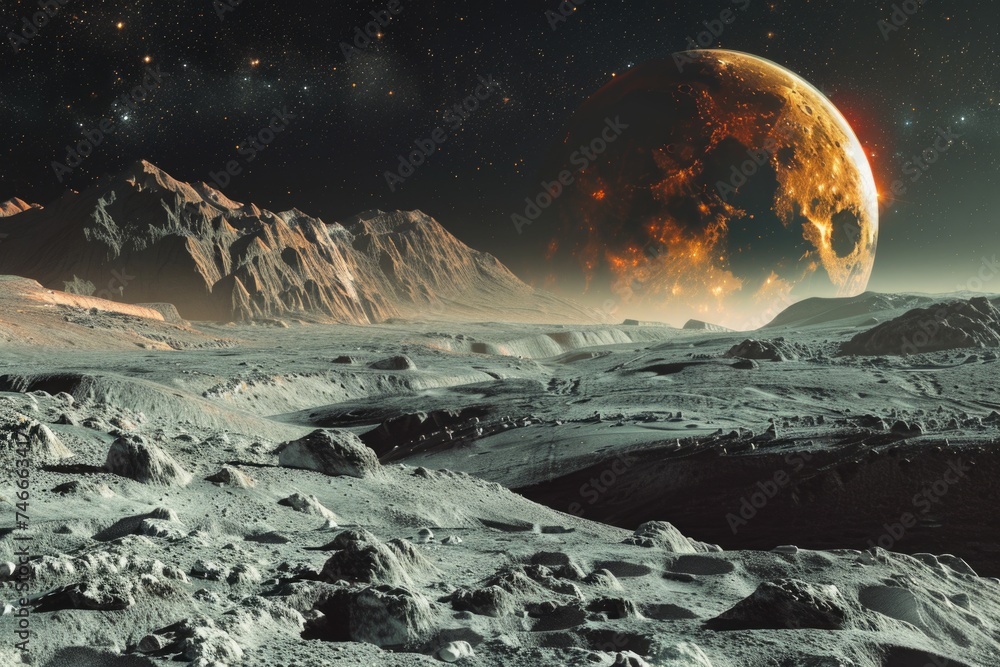 Poster A unique perspective of a planet seen from the moon's surface. Ideal for science and space-related projects