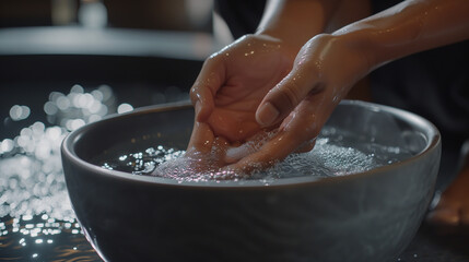 Fototapeta premium Purity in Palms Close-Up View of Spa Hands in Crystal-Clear Water