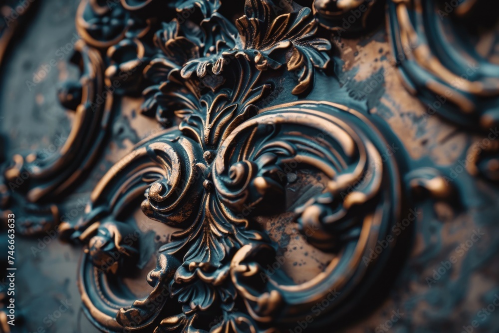 Poster close-up view of an intricate metal design, suitable for backgrounds or textures