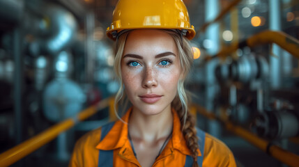 Confident Engineer in Hard Hat Female Worker's Determination in Factory