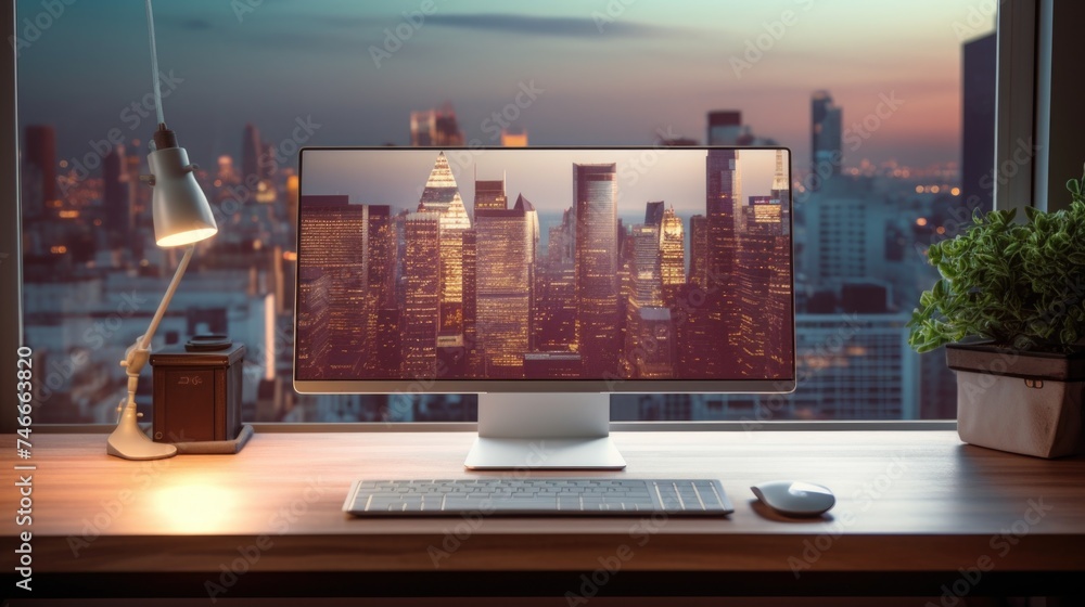 Poster A modern desktop computer placed on a wooden desk. Suitable for technology and workspace concepts