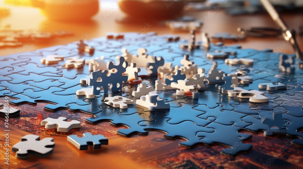 Poster A close up of a single puzzle piece on a table. Suitable for educational or problem-solving concepts