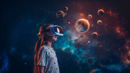 Inquisitive Explorer Kid with VR Glasses Studies the Solar System
