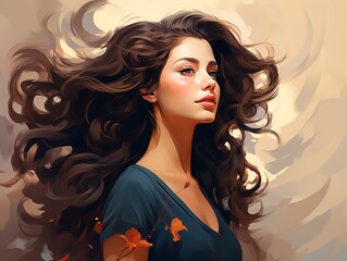 Brunette with cascading waves of hair, exuding timeless beauty
