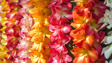 Tropical flower lei garlands close up, Traditional Hawaiian symbol. Lei Day in Hawaii - obrazy, fototapety, plakaty