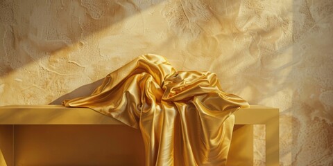 A luxurious gold cloth draped over a simple wooden bench. Ideal for home decor or interior design concepts