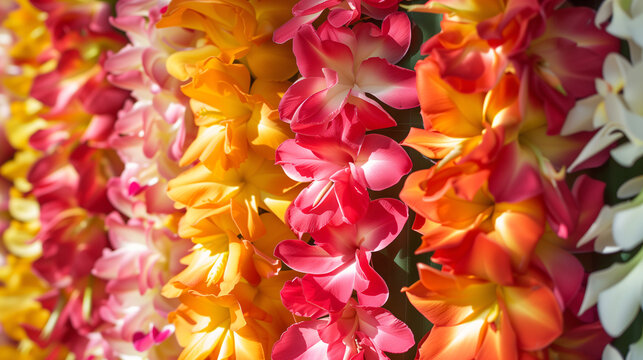 Tropical flower lei garlands close up, Traditional Hawaiian symbol. Lei Day in Hawaii