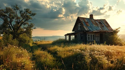 Poster a simple house with grassy field and beautiful sky, in the style of grandiose color schemes, lovely, serene scenes, pictorial space, vibrant, lively, solarizing master © Smilego