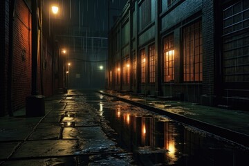 A wet street at night with lights reflecting in the water. Ideal for urban and cityscape concepts