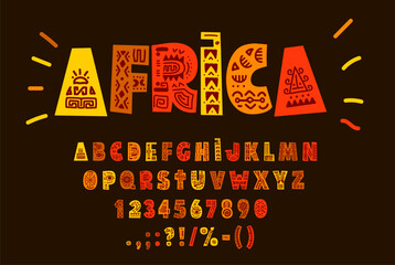 African font, ethnic folk typeface or tribal type of native English alphabet, vector letters and symbols. African typography font with tribal art ornament, cartoon ABC text and typographic font signs