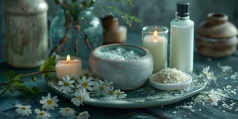 Obraz na płótnie Canvas Tranquil spa products promote selfcare and stress relief in serene setting. Concept Spa Products, Self-care, Stress Relief, Serene Setting, Tranquility,