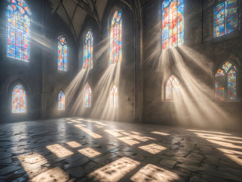 interior of an old church with rays of light shining through the windows