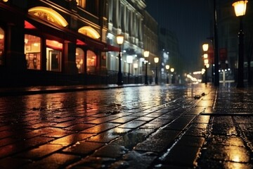 Rainy urban street with glowing street lights, suitable for cityscape concepts