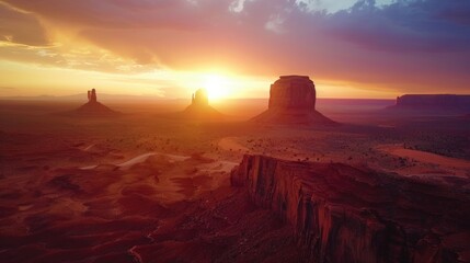 Scenic view of the sun setting over a desert landscape, perfect for nature themed designs - Powered by Adobe