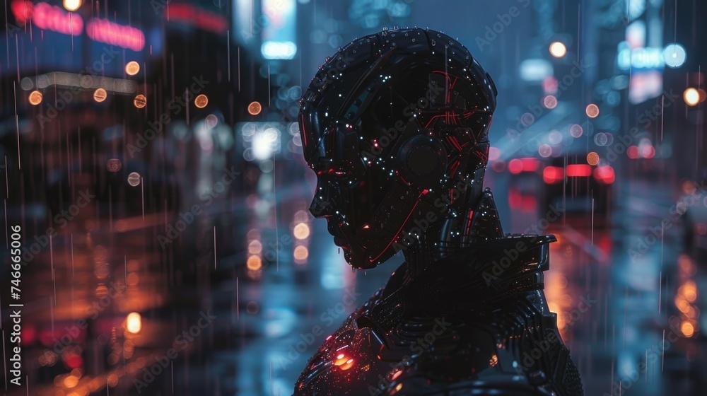 Poster woman in a high-tech suit standing in the rain. suitable for technology or science fiction concepts