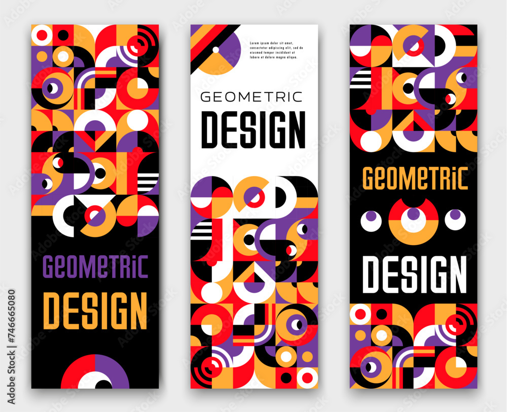 Poster vertical modern abstract geometric banners with bauhaus patterns, vector backgrounds. geometric desi