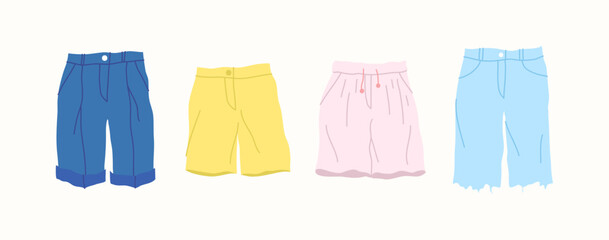 Cartoon Color Different Type Clothes Male Shorts Set for Beach and Fitness Concept Flat Design Style. Vector illustration