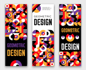 Vertical modern abstract geometric banners with Bauhaus patterns, vector backgrounds. Geometric design or Bauhaus art style mosaic pattern or minimal simple shapes and retro colors for banners