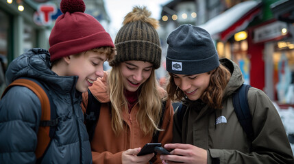 group of teenagers looking at their mobile phones