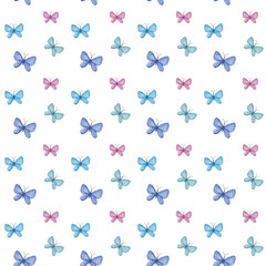 A pattern of bright watercolor illustration of a simple colorful butterflies. Hand-drawn.