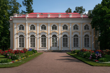 Pavilion "Stone Hall" in the upper park of the Oranienbaum Palace and Park Ensemble on a sunny summer day, Lomonosov, St. Petersburg, Russia