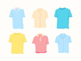 Cartoon Color Different Type Clothes Male Shirts Set Concept Flat Design Style. Vector illustration of Model Polo Shirt