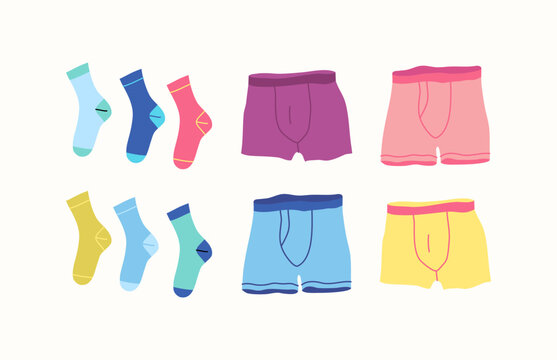 Cartoon Color Different Type Clothes Male Underwear Set Concept Flat Design Style. Vector illustration of Boxer and Socks