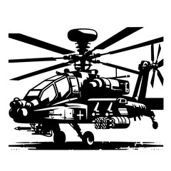 Cartoon Black and White Isolated Illustration Vector Of A Military Air Force Apache Attack Helicopter