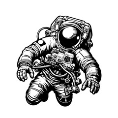 Cartoon Black and White Isolated Illustration Vector Of An Astronaut In Space Suit Floating