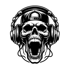 Cartoon Black and White Isolated Illustration Vector Of A Screaming Skull In Baseball Cap Wearing Headphones