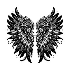 Cartoon Black and White Isolated Illustration Vector Of A Pair of Decorated Angel Wings