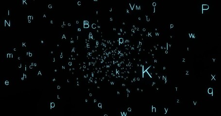 Animation of letters flying in digital space.