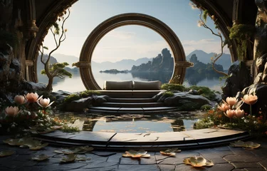 Poster a small pavilion with a lotus flower on top, in the style of cinematic sets, coastal views, monumentalism, 32k uhd, confessional, neo-concretism, empire © Smilego